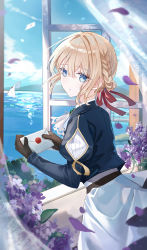 Rule 34 | 1girl, black gloves, blonde hair, blue jacket, blue sky, braid, closed mouth, cloud, commentary, curtains, day, english text, envelope, flower, gloves, hair between eyes, hair intakes, hair ribbon, highres, holding, holding envelope, indoors, iren lovel, jacket, juliet sleeves, long sleeves, looking at viewer, looking back, open window, petals, puffy sleeves, purple flower, red ribbon, revision, ribbon, skirt, sky, solo, transparent, violet evergarden, violet evergarden (series), water, white skirt, window