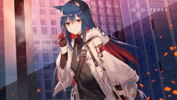 Rule 34 | 1girl, animal ear fluff, animal ears, arknights, black gloves, black shirt, blue hair, brown eyes, building, character name, gloves, hair between eyes, hand up, highres, holding, hood, hood down, hooded jacket, jacket, kinona, long sleeves, looking at viewer, multicolored hair, official alternate costume, open clothes, open jacket, parted lips, red gloves, red hair, shirt, solo, texas (arknights), two-tone hair, white jacket, wide sleeves, window