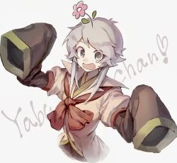 Rule 34 | 1other, androgynous, bow, brown bow, brown coat, character name, coat, collared coat, commentary request, cropped torso, flower, flower on head, grey background, grey eyes, grey hair, hands up, hemo (hemoroda), highres, houlen yabusame, len&#039;en, looking at viewer, short hair with long locks, simple background, solo, surprised, upper body