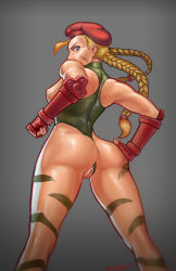Rule 34 | 1girl, ahoge, artist name, ass, beret, blonde hair, blue eyes, bodypaint, braid, breasts, cammy white, camouflage, cleft of venus, clothing aside, fingerless gloves, from behind, gloves, hand on own hip, hat, highleg, highleg leotard, highres, leotard, leotard aside, long hair, looking back, mavezar, nipples, no panties, pussy, red gloves, scar, sideboob, simple background, small breasts, solo, street fighter, thighs, thong leotard, twin braids, uncensored
