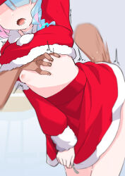 Rule 34 | 1girl, arona (blue archive), blue archive, blue hair, grabbing another&#039;s breast, breasts, clothes pull, fingering, fork, grabbing, head out of frame, highres, holding, holding fork, leaning forward, lower teeth only, morisobo, nipples, no bra, open mouth, red skirt, santa costume, simple background, skirt, skirt pull, small breasts, teeth, white background