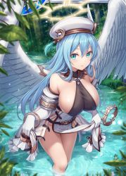 Rule 34 | 1girl, akkijin, angel, angel wings, bare shoulders, belt, beret, blue hair, breasts, clothes lift, covered erect nipples, elbow gloves, feathered wings, forest, gloves, green eyes, groin, halo, hat, large breasts, light rays, long hair, looking at viewer, nature, no panties, official art, pelvic curtain, plant, revealing clothes, shinkai no valkyrie, sideboob, skirt, skirt lift, solo, sunbeam, sunlight, thighs, wading, water, watermark, white gloves, white hat, white skirt, wings