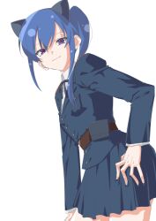 Rule 34 | 1girl, animal ears, arm at side, assault lily, belt, belt pouch, black ribbon, blue hair, blue jacket, blue skirt, breast pocket, brown belt, cat ears, closed mouth, collared shirt, contrapposto, cowboy shot, epaulettes, fake animal ears, from side, hair between eyes, hand on own hip, ishikawa aoi, jacket, light smile, long hair, long sleeves, looking at viewer, looking to the side, miniskirt, mototenn, neck ribbon, pleated skirt, pocket, pouch, purple eyes, ribbon, school uniform, shirt, side ponytail, sidelocks, simple background, skirt, solo, standing, white background, white shirt
