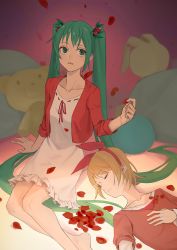 Rule 34 | 2girls, aqua eyes, aqua hair, blonde hair, blurry, blurry background, bow, bow hairband, closed eyes, collarbone, commentary, dress, falling petals, food-themed hair ornament, fruit hair ornament, hair ornament, hairband, hand on own chest, hatsune miku, highres, jacket, kagamine rin, kurikaeshi hitotsubu (vocaloid), long hair, lying, multiple girls, on back, parted lips, petals, red bow, red dress, red jacket, sitting, stuffed animal, stuffed rabbit, stuffed toy, tearing up, teddy bear, twintails, very long hair, vocaloid, white dress, wounds404