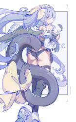 Rule 34 | 1girl, absurdres, angel wings, ass, asymmetrical wings, back, backless outfit, bare shoulders, belt, black thighhighs, blue hair, blush, breasts, butt crack, detached sleeves, dizzy (guilty gear), feathers, floating hair, from behind, guilty gear, guilty gear xrd, hair ribbon, hair rings, hand on own chest, high heels, highres, huanxiang huifeng, large breasts, looking at viewer, looking back, monster, red eyes, ribbon, skindentation, solo, tail, tail ornament, tail ribbon, thick thighs, thigh strap, thighhighs, thighs, twintails, twitter username, upskirt, wind, wind lift, wings, yellow ribbon