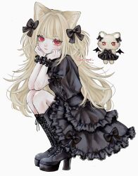 Rule 34 | 1girl, absurdres, aegyo sal, animal ears, black bow, black dress, black footwear, black wings, blonde hair, blunt bangs, boots, bow, cat ears, character doll, closed mouth, commentary, cross-laced footwear, demon wings, dress, frilled dress, frills, from side, full body, gothic lolita, hair bow, hands on own cheeks, hands on own face, hands up, high heel boots, high heels, highres, knee boots, lace-up boots, lolita fashion, long hair, looking at viewer, muted color, original, oysi mysi, puffy short sleeves, puffy sleeves, red eyes, short sleeves, simple background, solo, squatting, stuffed animal, stuffed cat, stuffed toy, symbol-only commentary, twitter username, very long hair, white background, wings, wrist cuffs