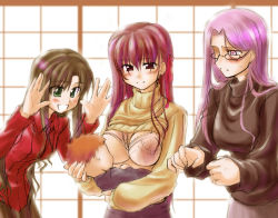 Rule 34 | 00s, 1boy, 3girls, age difference, baby, blush, bra, breast slip, breast sucking, breastfeeding, breasts, brown hair, clothes lift, emiya shirou, fate/stay night, fate (series), glasses, heavens feel, himura kiseki, if they mated, indoors, large breasts, lingerie, long hair, matou sakura, medusa (fate), medusa (rider) (fate), multiple girls, one breast out, purple hair, shirt lift, smile, square pupils, sweater, tohsaka rin, underwear