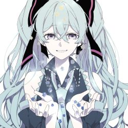 Rule 34 | 1girl, aqua hair, aqua necktie, bare shoulders, black ribbon, candy, crypton future media, detached sleeves, eiku, food, grey eyes, hair between eyes, hair ornament, hair ribbon, hands up, hatsune miku, highres, konpeitou, long hair, looking at viewer, necktie, parted lips, piapro, ribbon, shirt, sleeveless, sleeveless shirt, smile, solo, twintails, upper body, very long hair, vocaloid, white background
