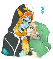 Rule 34 | 1boy, 1girl, blonde hair, blue eyes, cape, colored sclera, eye contact, eyeshadow, forehead jewel, front ponytail, hat, height difference, hood, link, long hair, looking at another, makeup, maniacpaint, midna, midna (true), nintendo, orange hair, parted bangs, pointy ears, red eyes, smile, spoilers, the legend of zelda, the legend of zelda: twilight princess, upper body, yellow sclera