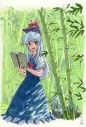 Rule 34 | 1girl, bamboo, bamboo forest, blue dress, blue hair, blue hat, blush, book, border, collared dress, dappled sunlight, dress, fading border, feet out of frame, forest, hands up, hat, highres, holding, holding book, kamishirasawa keine, light blue hair, long hair, looking at viewer, nature, neckerchief, open book, open mouth, outside border, puffy short sleeves, puffy sleeves, raised eyebrows, red eyes, red neckerchief, rock, scan, shiratama (hockey), short sleeves, sidelocks, signature, solo, sunlight, touhou, traditional media, white border