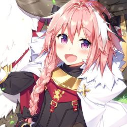 Rule 34 | 1boy, androgynous, astolfo (fate), black bow, bow, braid, cape, fang, fate/apocrypha, fate (series), hair intakes, hair ribbon, looking at viewer, male focus, masuishi kinoto, multicolored hair, open mouth, pink hair, purple eyes, ribbon, single braid, streaked hair, trap, upper body