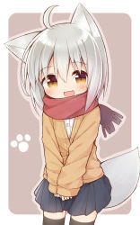 Rule 34 | 1girl, :d, ahoge, animal ear fluff, animal ears, ayanepuna, black thighhighs, blue skirt, blush, borrowed character, brown background, brown cardigan, brown eyes, cardigan, commentary request, dress shirt, fang, fringe trim, hair between eyes, highres, long sleeves, looking at viewer, open mouth, pleated skirt, red scarf, scarf, shirt, silver hair, skirt, sleeves past wrists, smile, solo, tail, thighhighs, two-tone background, white background, white shirt