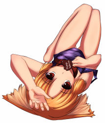 Rule 34 | 1girl, alta, animal ears, barefoot, blonde hair, brown eyes, chocolate, collar, dog ears, foreshortening, hand on own head, heart, highres, lying, on back, one-piece swimsuit, original, oruta (owata saber), red eyes, school swimsuit, short hair, simple background, solo, strap slip, swimsuit, thigh gap, thighs, upside-down, valentine
