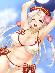 Rule 34 | 1girl, armpits, bad id, bad pixiv id, ball, beachball, bikini, breasts, cleavage, cloud, day, groin, hat, highres, large breasts, maeda r44, one eye closed, open mouth, red eyes, sengoku collection, smile, solo, sparkle, swimsuit, takeda shingen (sengoku collection), white bikini, white hair, wink