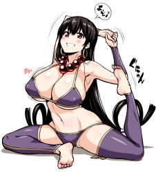 Rule 34 | 1girl, arm behind back, armpits, bare shoulders, barefoot, bead necklace, beads, bikini, black hair, blush, breasts, brown eyes, cleavage, collarbone, earrings, fate/grand order, fate (series), feet, full body, grin, hair between eyes, highres, hoop earrings, jewelry, kanno takanori, large breasts, long hair, looking at viewer, navel, necklace, purple bikini, purple thighhighs, simple background, sitting, smile, solo, stomach, stretching, swimsuit, thighhighs, white background, xuangzang sanzang (fate), yoga