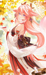 Rule 34 | 1girl, absurdres, animal ears, autumn, autumn leaves, backless outfit, bare back, bare shoulders, bottle, breasts, bucket, chen ying (alan-yut), commentary, cup, detached sleeves, earrings, falling leaves, floppy ears, fox ears, from side, genshin impact, highres, jewelry, large breasts, leaf, long hair, long sleeves, looking at viewer, looking to the side, nontraditional miko, outdoors, pink hair, purple eyes, red skirt, sakazuki, shirt, skirt, smile, solo, upper body, very long hair, white shirt, yae miko
