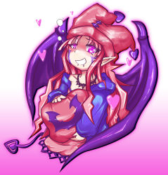 Rule 34 | 1girl, black wings, demon tail, drooling, duel monster, furumeta, ghostrick socuteboss, hat, heart, heart-shaped pupils, highres, long hair, looking at viewer, pillow, pointy ears, purple eyes, red hair, solo, symbol-shaped pupils, tail, tattoo, wings, yu-gi-oh!
