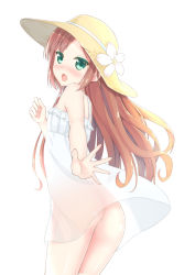 Rule 34 | 1girl, ass, bad id, bad pixiv id, blush, borrowed character, brown hair, dress, from behind, green eyes, hat, highres, karutamo, long hair, looking back, minazuki sarami, no panties, open mouth, original, see-through, simple background, solo, sun hat, sundress, white background
