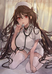Rule 34 | 1girl, breasts, brown hair, choker, dress, earrings, fate/grand order, fate (series), hat, highres, jewelry, large breasts, long hair, looking at viewer, multiple earrings, nurse, nurse cap, open mouth, purin uni, red eyes, short dress, short sleeves, sitting, solo, stethoscope, thighhighs, very long hair, wariza, white thighhighs, yu mei-ren (fate)
