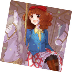 Rule 34 | 1girl, blue jacket, blunt bangs, blush, bow, brown eyes, brown footwear, brown hair, carousel, checkered clothes, checkered skirt, highres, jacket, open mouth, photo (object), pop&#039;n music, red bow, riding, rie-chan, ritard, shirt, sidesaddle, skirt, solo, yellow shirt
