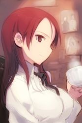 Rule 34 | 1girl, breasts, commentary, cup, medium breasts, minna-dietlinde wilcke, aged up, photo (object), portrait, red hair, shimada fumikane, solo, steam, strike witches, upper body, world witches series