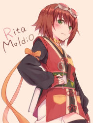Rule 34 | 00s, 1girl, blush, brown hair, character name, condom, fingerless gloves, gloves, goggles, goggles on head, green eyes, holding, rita mordio, solo, tales of (series), tales of vesperia, thighhighs, yukiiti