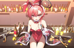 Rule 34 | 1girl, absurdres, ahoge, alcohol, assault rifle, bar (place), bare shoulders, blue archive, blush, bottle, bow, bowtie, braid, breasts, cherry blossom print, coin, collarbone, covered navel, detached collar, fang, floral print, groin, gun, hairband, halo, hand up, highres, hwaen, jacket, leotard, looking at viewer, mole, mole under eye, neru (blue archive), neru (bunny) (blue archive), off shoulder, official alternate costume, open mouth, pink hair, print jacket, red bow, red bowtie, red eyes, red hairband, red leotard, red nails, rifle, shelf, short hair, single braid, sitting, small breasts, solo, thighs, weapon