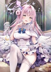 Rule 34 | 1girl, angel wings, blue archive, blue bow, bow, capelet, clothes lift, clothes pull, dress, feathered wings, flower, frilled dress, frills, hair bun, hair flower, hair ornament, halo, highres, kinokomushi, lifted by self, long hair, low wings, mika (blue archive), pantyhose, pantyhose pull, pink hair, scrunchie, single hair bun, single side bun, sitting, skirt, skirt lift, sleeveless, sleeveless dress, thighhighs, very long hair, white capelet, white dress, white wings, wings, wrist scrunchie, yellow eyes