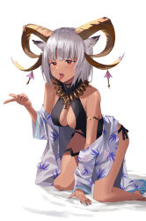 Rule 34 | 1girl, animal ears, arknights, arm support, bare shoulders, barefoot, black one-piece swimsuit, breasts, carnelian (arknights), carnelian (shimmering dew) (arknights), casual one-piece swimsuit, cleavage, dark-skinned female, dark skin, goat ears, goat girl, goat horns, grey hair, highres, horns, jewelry, kneeling, medium breasts, off shoulder, official alternate costume, one-piece swimsuit, partially submerged, red eyes, short hair, solo, swimsuit, tongue, tongue out, wuzhu nis