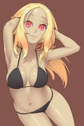Rule 34 | 1girl, absurdres, armpits, arms up, bikini, black bikini, blonde hair, breasts, brown background, closed mouth, collarbone, commentary, dark-skinned female, dark skin, english commentary, forehead, gravity daze, hands on own head, highres, kitten (gravity daze), long hair, looking at viewer, medium breasts, navel, nickleflick, red eyes, shiny skin, sidelocks, simple background, solo, string bikini, swimsuit, wide-eyed