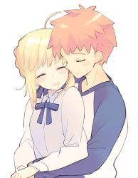 Rule 34 | 1boy, 1girl, 87banana, ahoge, artoria pendragon (all), artoria pendragon (fate), blonde hair, blue bow, blue bowtie, blue shirt, blush, bow, bowtie, closed eyes, closed mouth, commentary request, couple, embarrassed, emiya shirou, fate/stay night, fate (series), happy, hetero, hug, hug from behind, open mouth, orange hair, raglan sleeves, saber (fate), shirt, sidelocks, simple background, smile, upper body, white background, white shirt