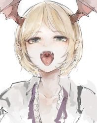 Rule 34 | 1boy, bat wings, blonde hair, blush, collared shirt, fangs, granblue fantasy, green eyes, head wings, looking at viewer, male focus, open mouth, pointy ears, shingeki no bahamut, shirt, short hair, simple background, solo, sweatdrop, tongue, tongue out, upper body, veight, wataichi meko, white background, wing collar, wings