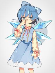 Rule 34 | 1girl, alternate costume, blue hair, blue ribbon, blue skirt, blue vest, bow, bowtie, buttons, circle, cirno, frilled sleeves, frills, grey background, grey eyes, hair between eyes, hair ribbon, highres, ice, ice wings, long skirt, long sleeves, looking at viewer, red bow, red bowtie, ribbon, short hair, simple background, skirt, sleeve bow, so happy 64, sweater, touhou, translation request, turtleneck, turtleneck sweater, two-tone background, vest, white background, white sweater, wings
