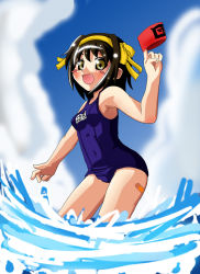 Rule 34 | 00s, 1girl, :d, armband, bandaid, blush stickers, brown hair, cloud, day, fang, from side, hairband, looking at viewer, name tag, one-piece swimsuit, open mouth, school swimsuit, short hair, sky, smile, solo, suzumiya haruhi, suzumiya haruhi no yuuutsu, swimsuit, wading, water, yasuhito, yellow eyes