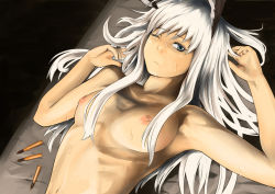 Rule 34 | 1girl, animal ears, bad id, bed, blue eyes, breasts, bullet, hanna-justina marseille, head wings, long hair, lying, mocco (mocco san1), nipples, nude, one eye closed, solo, strike witches, sweat, white hair, wings, wink, world witches series