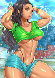 Rule 34 | 1girl, black hair, breasts, brown eyes, capcom, curvy, large breasts, laura matsuda, long hair, muscular, navel, no bra, open mouth, redjet, smile, solo, stomach, street fighter, thick thighs, thighs, underboob