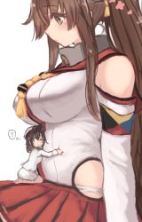 Rule 34 | 2girls, black hair, bloated, breasts, brown eyes, brown hair, collar, detached sleeves, female admiral (kancolle), giant, giantess, hug, kantai collection, kneeling, large breasts, long hair, looking at another, medium hair, metal collar, multiple girls, one eye closed, pleated skirt, ponytail, red skirt, shirt, sidelocks, simple background, size difference, skirt, utopia, very long hair, white background, white headwear, white shirt, white skirt, yamato (kancolle)