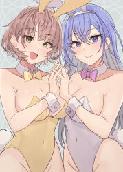 Rule 34 | 2girls, animal ear hairband, animal ears, bare shoulders, blue hair, blush, bow, bowtie, breasts, brown hair, cleavage, closed mouth, collar, collarbone, covered navel, cowboy shot, detached collar, dot nose, fake animal ears, fake tail, grey background, hair between eyes, hairband, highres, holding hands, idolmaster, idolmaster shiny colors, idolmaster shiny colors song for prism, ikuta haruki, large breasts, leotard, long hair, looking at viewer, medium breasts, multiple girls, open mouth, pink bow, pink bowtie, playboy bunny, purple eyes, purple leotard, rabbit ear hairband, rabbit ears, rabbit tail, short hair, smile, standing, strapless, strapless leotard, suzuki hana, tail, white collar, white wrist cuffs, wrist cuffs, yellow bow, yellow bowtie, yellow eyes, yui081