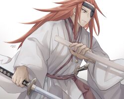 Rule 34 | 1boy, bell, bow (weapon), clenched teeth, eyepatch, hanna (y m d jgkrk), highres, holding, holding sheath, holding sword, holding weapon, jigokuraku, long hair, looking to the side, red hair, robe, sheath, sidelocks, simple background, solo, sword, teeth, weapon, white background, white robe, yamada asaemon eizen