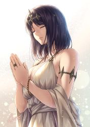Rule 34 | 1girl, armlet, bracelet, breasts, cleavage, closed eyes, closed mouth, collarbone, dated, dress, expressionless, gradient background, grey background, grey dress, hera (lioreo), jewelry, large breasts, lioreo, medium hair, original, own hands together, parted bangs, praying, purple hair, ring, signature, sleeveless, sleeveless dress, solo, sparkle, tiara, upper body
