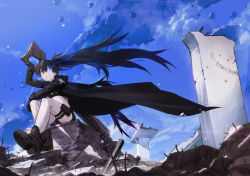 Rule 34 | 1girl, absurdres, bikini, bikini top only, black bikini, black coat, black footwear, black gloves, black hair, black rock shooter, black rock shooter: dawn fall, black rock shooter (character), black shorts, blue eyes, blue sky, coat, floating hair, from below, full body, gloves, glowing, glowing eye, hair between eyes, highres, holding, holding weapon, holster, letro, long hair, long sleeves, open clothes, open coat, outdoors, short shorts, shorts, sitting, sky, solo, swimsuit, thigh holster, twintails, very long hair, weapon