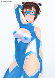 Rule 34 | 1girl, arm behind head, blue leotard, blush, braid, breasts, brown eyes, brown hair, cleavage, cleavage cutout, clothing cutout, commentary request, cosplay, heart, highres, kasugano sakura, leotard, looking at viewer, mask, nessu (nnn07897), rainbow mika, rainbow mika (cosplay), shiny clothes, short hair, shoulder cutout, signature, small breasts, smile, solo, street fighter, street fighter zero (series), sweat, sweatdrop, thighs, twintails, twitter logo, white background, wrestling outfit