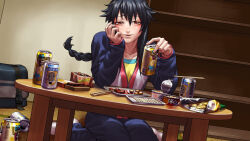 Rule 34 | 1girl, bag, beer can, black hair, blush, braid, brown eyes, can, chips (food), chopsticks, drink can, drunk, fingernails, food, game cg, hair tie, hand on own face, holding, holding can, indoors, kagelow, long hair, long sleeves, looking back, official art, pants, partially unzipped, raging loop, serizawa chiemi, shelf, sitting, solo, table, third-party source, wariza, zipper, zipper pull tab