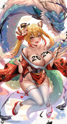 Rule 34 | 1girl, 2024, absurdres, bare shoulders, blonde hair, bodypaint, breasts, calligraphy brush, cleavage, collarbone, commentary, crossed bangs, dragon, dragon girl, dragon horns, dragon tail, english commentary, enma (enmanuelart), floral print, flower, gradient hair, hair between eyes, hair flower, hair ornament, hands up, highres, holding calligraphy brush, holding fireworks, holding paintbrush, horns, japanese clothes, kimono, kobayashi-san chi no maidragon, large breasts, long hair, looking at viewer, multicolored hair, obi, open mouth, paintbrush, panties, patreon logo, patreon username, red flower, red footwear, red kimono, sash, skindentation, slit pupils, smile, tail, teeth, thighhighs, thighs, tohru (maidragon), twintails, underwear, upper teeth only, watermark, web address, white panties, white thighhighs