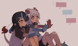 Rule 34 | 2girls, ahoge, arknights, black hair, black shorts, blank speech bubble, blue hair, blush stickers, brown eyes, closed mouth, collared shirt, dragon girl, dragon horns, dragon tail, dusk (arknights), feet out of frame, flame-tipped tail, grey background, grey hair, hair over one eye, highres, horns, knees up, multicolored hair, multiple girls, nian (arknights), notice lines, outstretched arm, parted lips, pointy ears, ponytail, purple eyes, red hair, scrape, shirt, short shorts, short sleeves, shorts, siblings, sifeizui, simple background, sisters, speech bubble, streaked hair, tail, white shirt