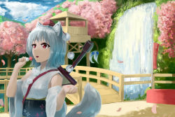 Rule 34 | 1girl, alternate costume, animal ears, blue sky, breasts, bridge, cherry blossoms, cloud, dango, day, detached sleeves, eating, floral print, food, grass, hand up, happy, hat, inubashiri momiji, japanese clothes, kimono, mountain, nature, norishiro (gutter), obi, outdoors, petals, pom pom (clothes), red eyes, sash, sheath, sheathed, short hair, silver hair, skewer, sky, sleeveless, sleeveless kimono, small breasts, smile, solo, stream, sword, tail, tokin hat, touhou, wagashi, watchtower, water, waterfall, weapon, wolf ears, wolf tail