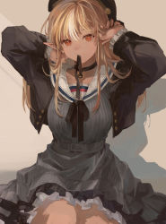Rule 34 | 1girl, absurdres, beret, black dress, black hat, black jacket, black ribbon, blonde hair, choker, commentary request, cropped jacket, dark-skinned female, dark skin, dress, feet out of frame, frilled sleeves, frills, hands up, hat, highres, hololive, jacket, long sleeves, looking at viewer, mouth hold, open clothes, open jacket, orange eyes, pointy ears, ribbon, ribbon in mouth, sgr (rx79g sgr), shiranui flare, shiranui flare (street), sitting, solo, tying hair, virtual youtuber