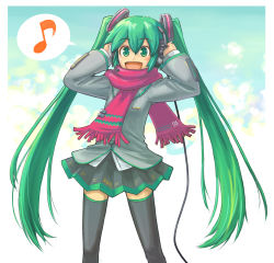 Rule 34 | 1girl, green hair, hands on headphones, hatsune miku, headphones, listening to music, long hair, musical note, nakune, scarf, solo, thighhighs, twintails, very long hair, vocaloid