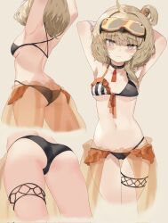 Rule 34 | 1girl, ahoge, armpits, arms behind head, ass, bikini, black bikini, blonde hair, blush, breasts, choker, commentary, corrupted twitter file, cowboy shot, frilled bikini, frills, girls&#039; frontline, goggles, goggles on head, heart, heart-shaped pupils, highres, lemures, looking at viewer, medium breasts, medium hair, multiple views, navel, official alternate costume, one side up, purple eyes, sterling (girls&#039; frontline), sterling (melting in the summer heat) (girls&#039; frontline), stomach, sweatdrop, swimsuit, symbol-shaped pupils, underboob