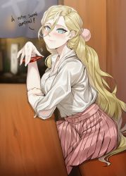 Rule 34 | 1girl, alternate costume, blonde hair, blue eyes, blush, cup, french text, hair between eyes, highres, holding, holding cup, indoors, kantai collection, long hair, looking at viewer, mole, mole under eye, mole under mouth, pink skirt, richelieu (kancolle), sakazuki, shirt, sitting, skirt, smile, solo, white shirt, yanuk
